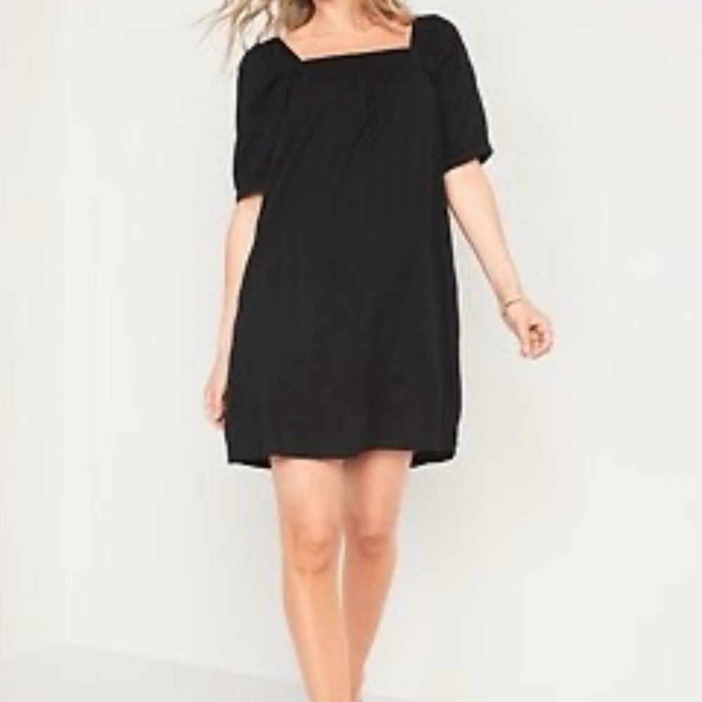 2/$30 Old Navy Black Puff Sleeve Square Neck Dobby Mini Swing Dress Size M